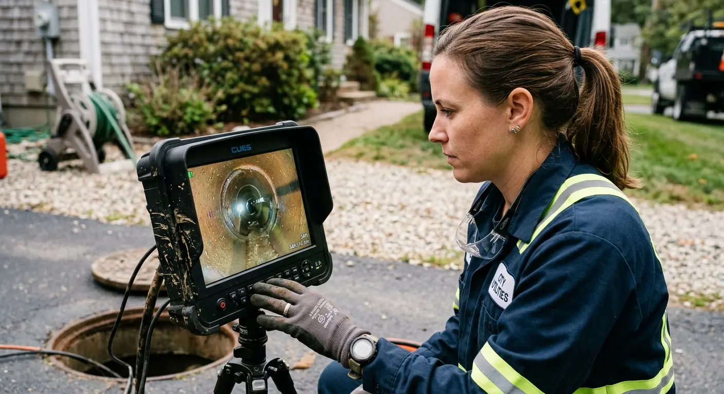 Technician reviewing sewer camera inspection footage in Lapeer