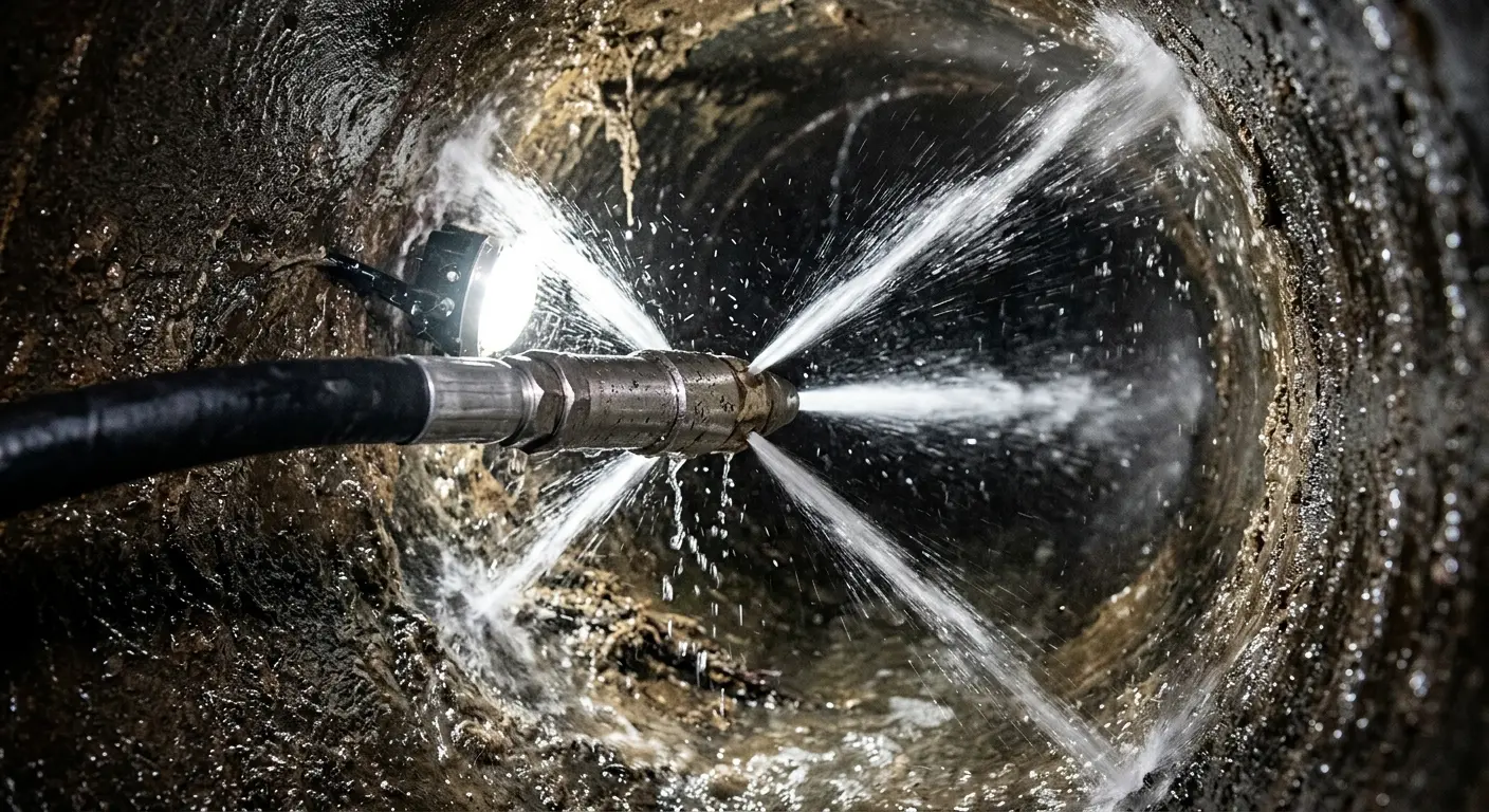 High-pressure hydro jetting nozzle cleaning sewer pipe for Trenchless Sewer Repair in Lapeer