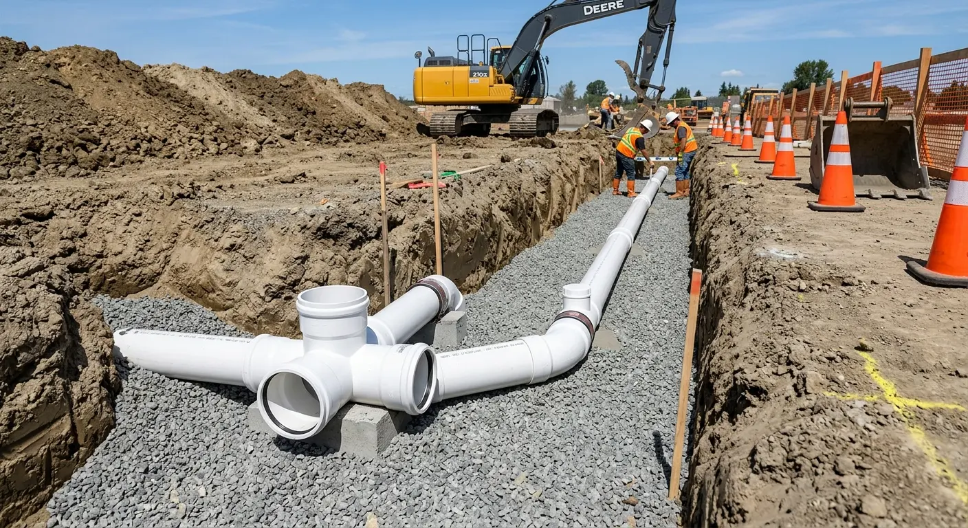 New PVC sewer pipe installation in open trench for Sewer Backup in Lapeer