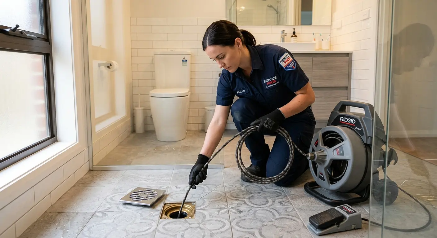 Technician clearing a bathroom floor drain for Drain Cleaning in Lapeer